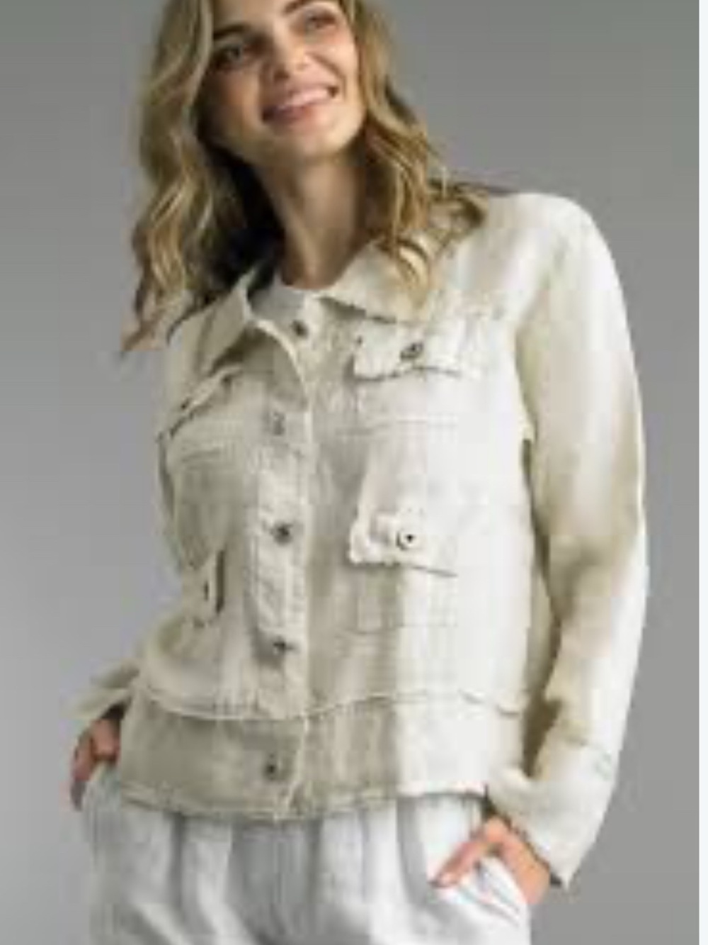 TEMPO PARIS Linen Frayed Cream Button-Front Jacket